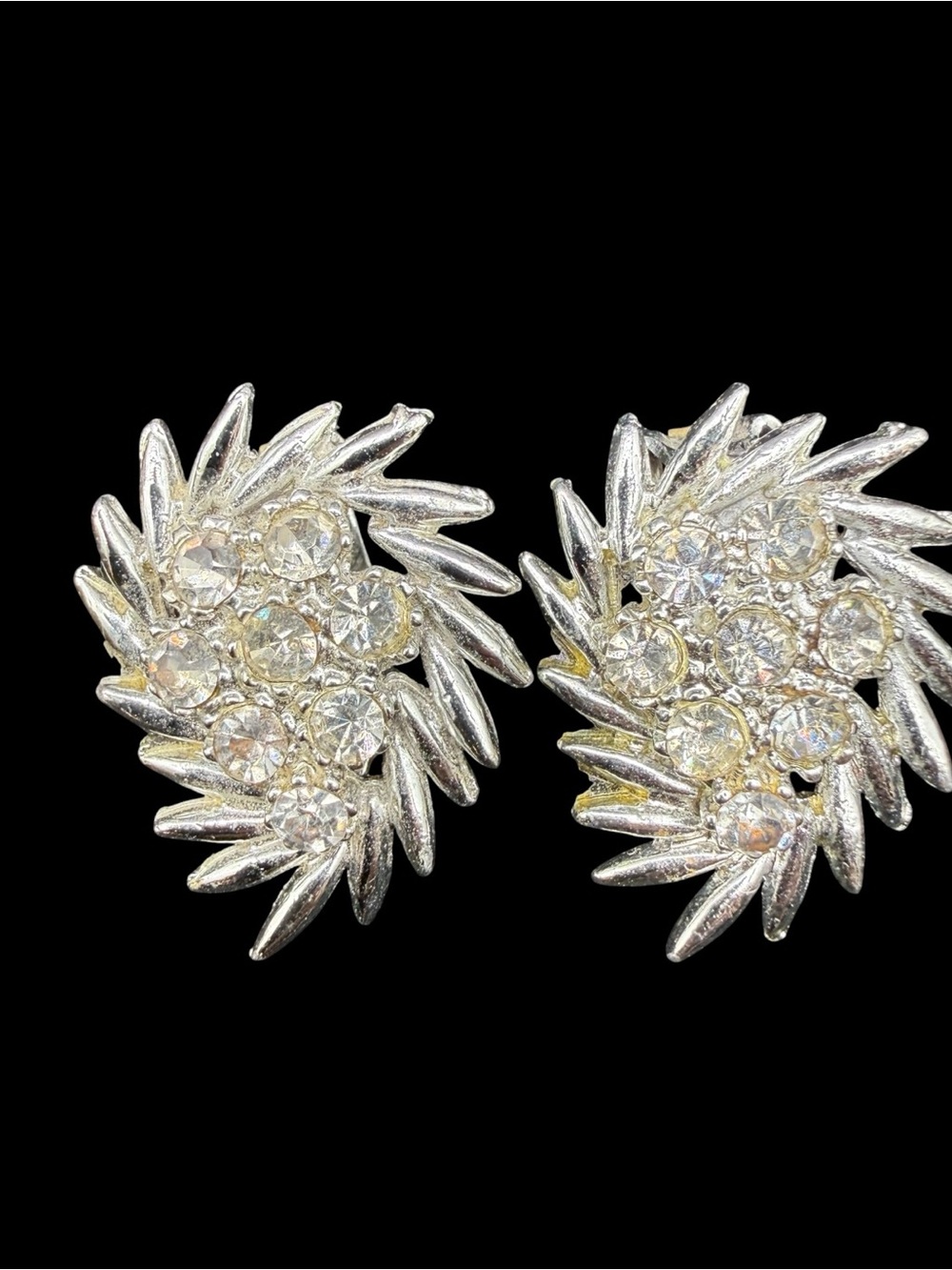 Vintage Silver Crystal Cluster Stud Earrings - Sparkling Clear Stones